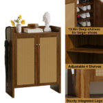 42.5" Tall Rattan Shoe Cabinet with Doors, 6-Tier Wooden Freestanding Shoe Storage Organizer with Adjustable Shelves, Mid-Century Entryway Shoe Cabinet for Hallway & Living Room--Walnut - Image 9