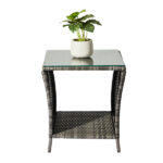 Outdoor Patio Wicker Side Table, Square End Table Bistro Coffee Table with Glass Top Storage Shelf for Porch Garden Backyard Grey SAME AS 19215985