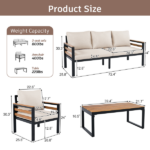 GO 4-Piece Outdoor Furniture Sofa Set for 5 People with Acacia Wood Armrests, Patio Conversation Set with Removable Cushion and Solid Wood Coffee Table for Garden,Beige - Image 7