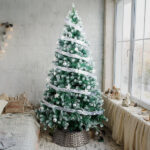 7.5 FT Artificial Snow Tipped Christmas Tree with DIY 350 Warm Lights Remote Control, Hinged Xmas Pine Tree with Silver Ribbon Ornaments for Holiday Party Office Home, Green & Snow Tipped