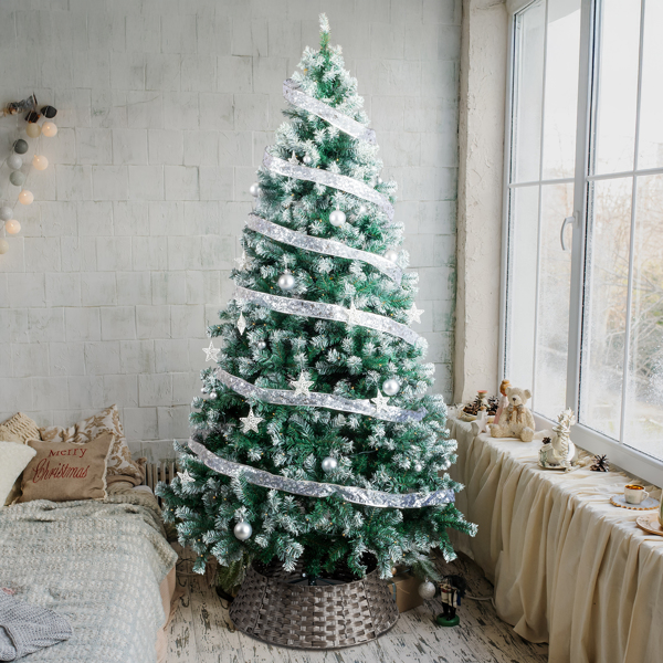 7.5 FT Artificial Snow Tipped Christmas Tree with DIY 350 Warm Lights Remote Control, Hinged Xmas Pine Tree with Silver Ribbon Ornaments for Holiday Party Office Home, Green & Snow Tipped