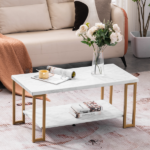 Same Code 35647920 (106 x 50 x 48cm) Simple Double-layer Golden Iron Pipe Marble PVC Coffee Table Rectangular - Image 24