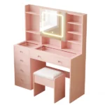 LED Tri-Color Lighting Dressing Table Set Particleboard with Textured Melamine Finish Dressing Table with Power Strip 5-Drawer Dressing Table with Shelves and Hooks 47.24*15.75*53.54in Apple Pink - Image 3