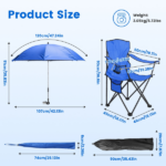 Folding Camping Chair with Detachable 8-Rib Sun Umbrella, 42.13 Inch Canopy Aluminum Alloy Portable Lawn Chair Supports 330LBS with Cup Holder - Image 5
