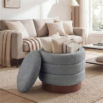 Round Rotating Storage Footstool with Solid Wood Frame, No Assembly Required Makeup Chair with 5.5 Gal Storage-Gray - Image 10