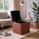 Brown Linen-Textured Storage Ottoman with Black Rubber Feet – Compact Square Seat with Hidden Storage, 42×42×44cm - Image 4