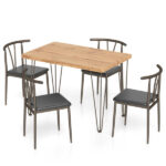 5-Piece Industrial Dining Table Set for 4, Rustic Oak Kitchen Table with 4 PU Leather Chairs - Image 3