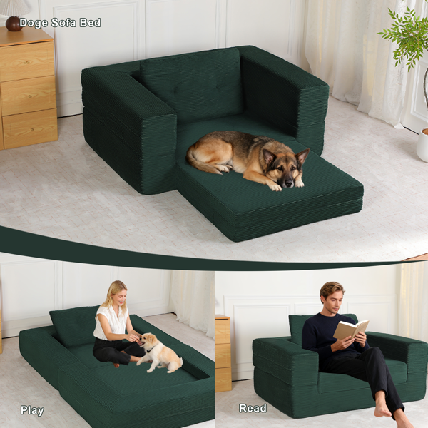2ba4d1d8-28d4-402a-bde7-5fe60e5c48c4.png Compression Human Dog Sofa Bed for Adult & Pets,Modern Floor Couch With Pillow for Living Room Bedroom,Corduroy Fabric,No Assembly Required, Dark Green - Image 1