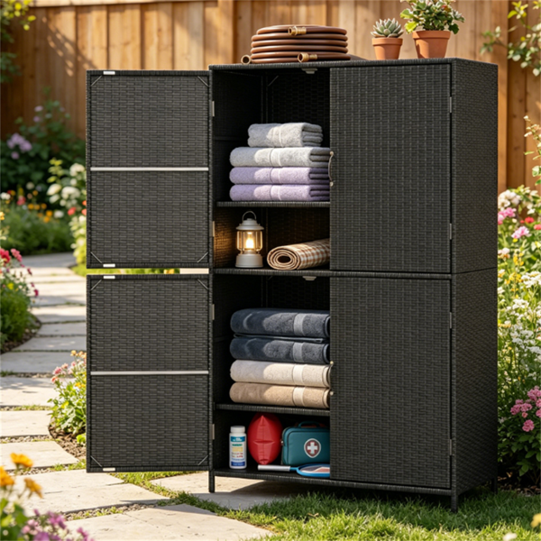 2c172b14-0aca-4241-b378-1e0d29faa497.png Outdoor PE Rattan Storage Cabinet with Adjustable Shelves, Anti-Tip Garden Tool Storage Shed for Patio Backyard Poolside-Black - Image 1