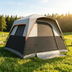 Gray Light-Blocking Outdoor Cabin Tent, Large 9x9ft Interior Windproof Rainfly Tent with Carry Bag Ground Stakes Ropes for Family Group Camping - Image 4