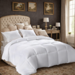 100% polyester brushed single quilt with microfiber filling, suitable for all seasons, breathable and warm down alternative, white plaid, OKO-100 certified, CPC children's certified, shipped via Amazo