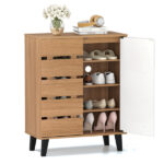 24" Farmhouse Shoe Cabinet with 2 Louvered Doors - 4-Tier Shelves, 3 Adjustable Layers (Natural Wood Grain) - Image 7