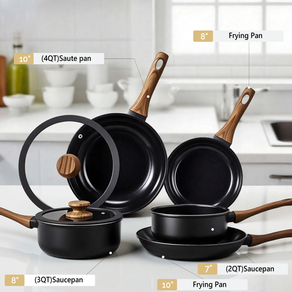 17-Piece Aluminum Cookware Set, Black Non-Stick Pots and Pans Set with Assembled Handles - 5 Pots & 2 Lids, Compatible with Induction, Gas, Electric Stoves, Perfect for Home Kitchen Use​