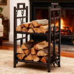 Double Layer Firewood Holder With Animal Pattern And Tools, Brown - Image 8