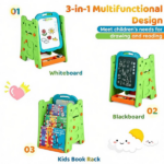 Green 3-in-1 Kids Double Sided Art Easel, Magnetic Whiteboard & Chalkboard Standing Drawing Board with Adjustable Height Angle, Storage Tray Book Rack Complete Painting Accessories PP Play Easel Gift - Image 5