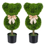 2 Pack Cute Bear Topiary Trees with Cement Weighted Pots Lifelike Green Faux Boxwood Decor for Indoor Outdoor