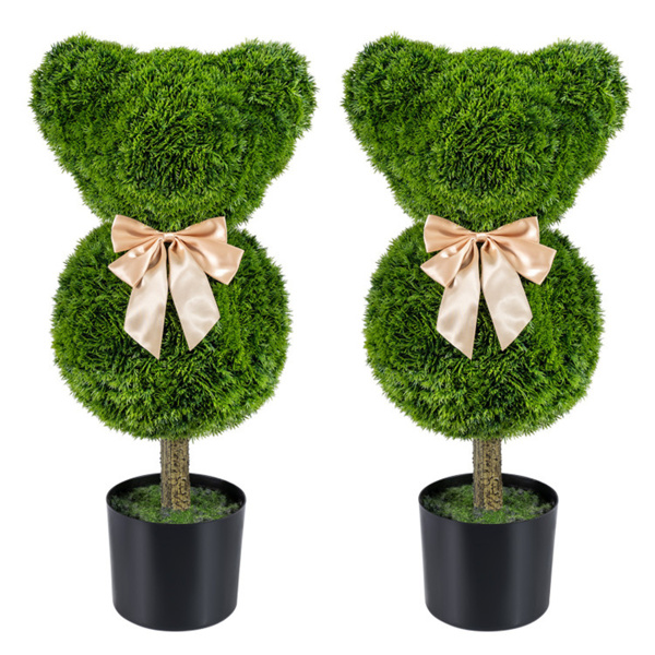 2 Pack Cute Bear Topiary Trees with Cement Weighted Pots Lifelike Green Faux Boxwood Decor for Indoor Outdoor