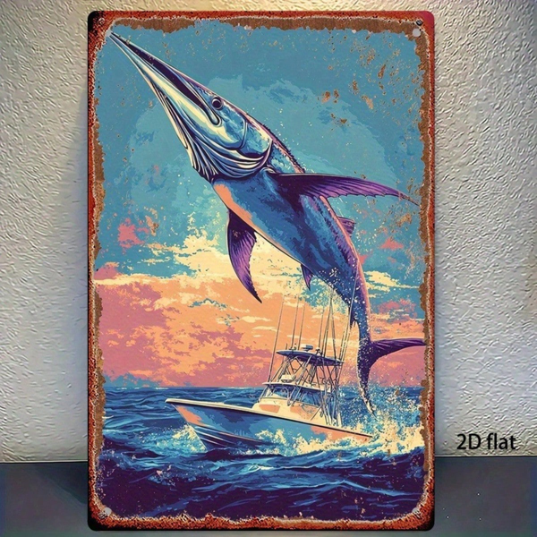 CIFbuy Vintage | Ocean Fishing Metal Sign 2D Flat, 8X12In Big Fish Leaping Pattern Wall Art, Rustproof Waterproof Metal Decor 1Pc For H TikTok, TikTok, or H Self-pickup Logiopics