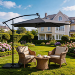 10FT Round Banana Hanging Patio Umbrella with 18 LED Lights, 6 Iron Ribs, Iron Straight & Curved Pole, Waterproof Polyester Canopy, with Stand Sleeve and Cross Base, Gray - Image 28
