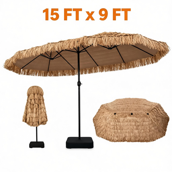 2c97472f-b910-4a71-a872-14fafb561f8e.png 15x9ft Double-Sided Tiki Patio Umbrella with Heavy Duty Weighted Base , 12 Metal Ribs Hawaiian PE Thatch Outdoor Market Umbrella Water Resistant Polyester Canopy for Poolside Tiki Bar Backyard - Image 1
