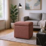 Brown Linen-Textured Storage Ottoman with Black Rubber Feet – Compact Square Seat with Hidden Storage, 42×42×44cm - Image 2