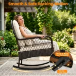 Heavy Duty PE Wicker Patio Rocking Chair 400LBS, Outdoor Rocker with Removable Washable Sponge Cushions Anti-Tip Stoppers for Porch Balcony -White - Image 6