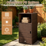 Brown Wicker Garden Storage Cabinet, Dual Open & Closed Design Outdoor Tool Cushion Storage Cabinet for Backyard Porch Poolside - Image 9