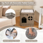 2-Tier Wicker Cat Condo with Litter Mat - Hidden Litter Box Enclosure, Detachable Washable Cushion, Gray Rattan - Image 7