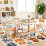 Height Adjustable Kids Desk and 4 Chairs Set, Graffiti Wipeable Tabletop Toddler Activity Table with Storage Baskets Natural - Image 5