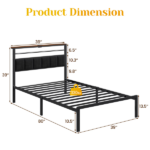 Twin Size Bed Frame with Headboard and Storage Shelf, Metal Bed, Upholstered Wooden Beds, Sturdy Frames for Bedroom Furniture, No Box Spring Needed, Black - Image 3