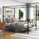Metal Canopy Bed Frame, Platform Bed Frame Queen with X Shaped Frame Queen Black - Image 2