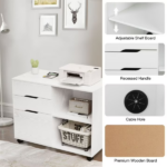 3-Drawer File Cabinet with Wheels, Rolling Wood Printer Stand with Open Storage Shelves for Home Office, White - Image 3