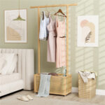 2-in-1 Bamboo Clothing Rack with Rolling Wheels & 60L Storage Basket - Image 5