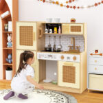 Kids Wooden Kitchen Playset 3+ with Fridge Sink Washing Machine with Realistic Light Sound Rattan Doors - Yellow - Image 6
