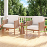 White Boho Patio Acacia Wood Chair with Woven Rope Armrests, Cushioned Outdoor Accent Chair for Porch Balcony - Image 3