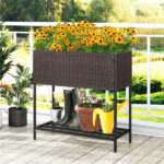 28" Elevated Raised Planter Box with Storage Shelf, Ergonomic Garden Bed for Patio Balcony Herb Vegetable - Brown - Image 2