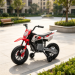 Red 12V Kids Electric Motorcycle – Twist Handle Throttle, Safety Training Wheels, Rear Suspension System, Music Playback
