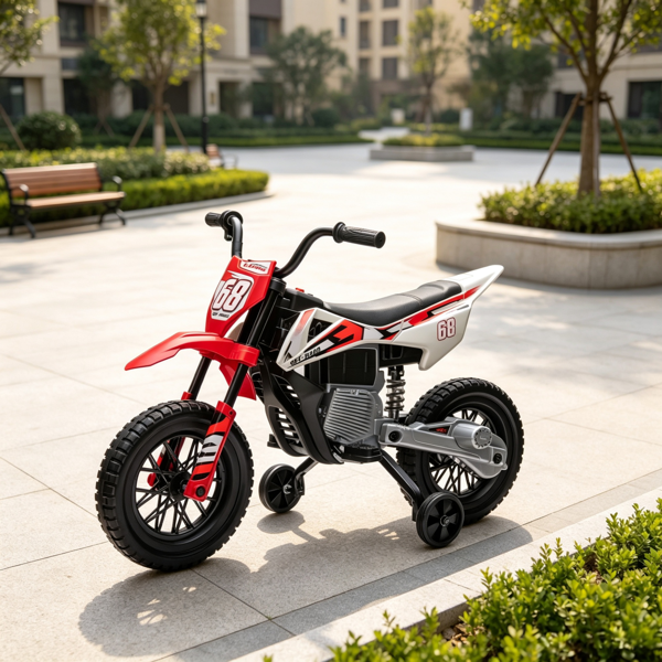 2db46de4-9d9f-4c0c-b090-2234d8b97e74.png Red 12V Kids Electric Motorcycle – Twist Handle Throttle, Safety Training Wheels, Rear Suspension System, Music Playback - Image 1