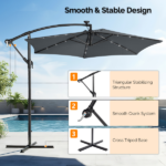 10FT Round Banana Hanging Patio Umbrella with 18 LED Lights, 6 Iron Ribs, Iron Straight & Curved Pole, Waterproof Polyester Canopy, with Stand Sleeve and Cross Base, Gray - Image 17