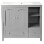 Grey MDF Lacquered Double Door & 2-Drawer Bathroom Vanity Cabinet with Decorative Molding - 91x46x82cm - Image 8