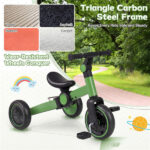5-In-1 Foldable Toddler Tricycle, Adjustable Handlebar & Ergonomic Seat with Removable Pedals - Green - Image 8