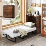 Rustic Brown Mobile Murphy Bed Cabinet 86.5" x 34" x 41.5" with Lockable Wheels, Space Saving Foldable Guest Bed with 4 Inch Foam Mattress - Image 2