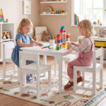 Kids Wooden Table and Chairs Set (1 Table + 4 Chairs), Rubber Wood Toddler Activity Set (White - Image 7