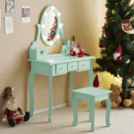 Kids Vanity Set with Mirror and Lights and Stool, 5 Storage Drawers, Pretend Play Princess Makeup Desk Dressing Table and Stool Set for Little Girls Age 3+, Macaroon Green - Image 6