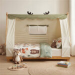 Twin Size Montessori House Floor Bed with Removable Canopy Tent, Solid Wood Kids Bed with Guardrails - Natural - Image 6