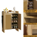 42.5" Tall Rattan Shoe Cabinet with Doors, 6-Tier Wooden Freestanding Shoe Storage Organizer with Adjustable Shelves, Mid-Century Entryway Shoe Cabinet for Hallway & Living Room - Image 22