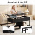 Lift Top Coffee Table with Storage 39" Center Table with Hidden Compartment & 2 Shelves Farmhouse, Wood Coffee Table for Living Room with Sturdy Lift-Top Adjustable Feet Black (Shipment from Walmart) - Image 5