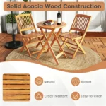 3 Pieces Foldable Acacia Wood Patio Bistro Set, Outdoor Round Table & 2 Ergonomic Chairs with Removable Black Cushions for Balcony Backyard - Image 6