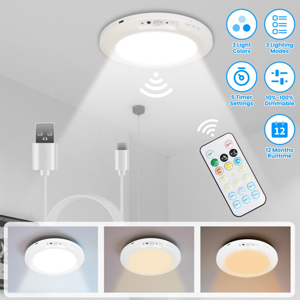 2e961f1c-11d3-408b-9c63-829fce28b338.png Magnetic USB Rechargeable Ceiling Light with PIR Motion Sensor, 3 Color Temperatures Stepless Dimmable Remote & Button Dual Control Timer Setting Magnetic Adhesive Mount for Closet Hallway Basement - Image 1