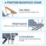 4-Position Adjustable Backpack Beach Chair, Foldable Rustproof Aluminum Frame Lounge Chair with Wooden Armrest, Side Storage Pockets & Detachable Pillow, 24"×22"×37" Outdoor Patio Camping Lawn Chair Holds up to 265 LBS, Blue White Vertical Stripe - Image 5